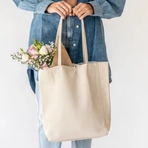 Cream / Light Beige Genuine Leather Tote Bag